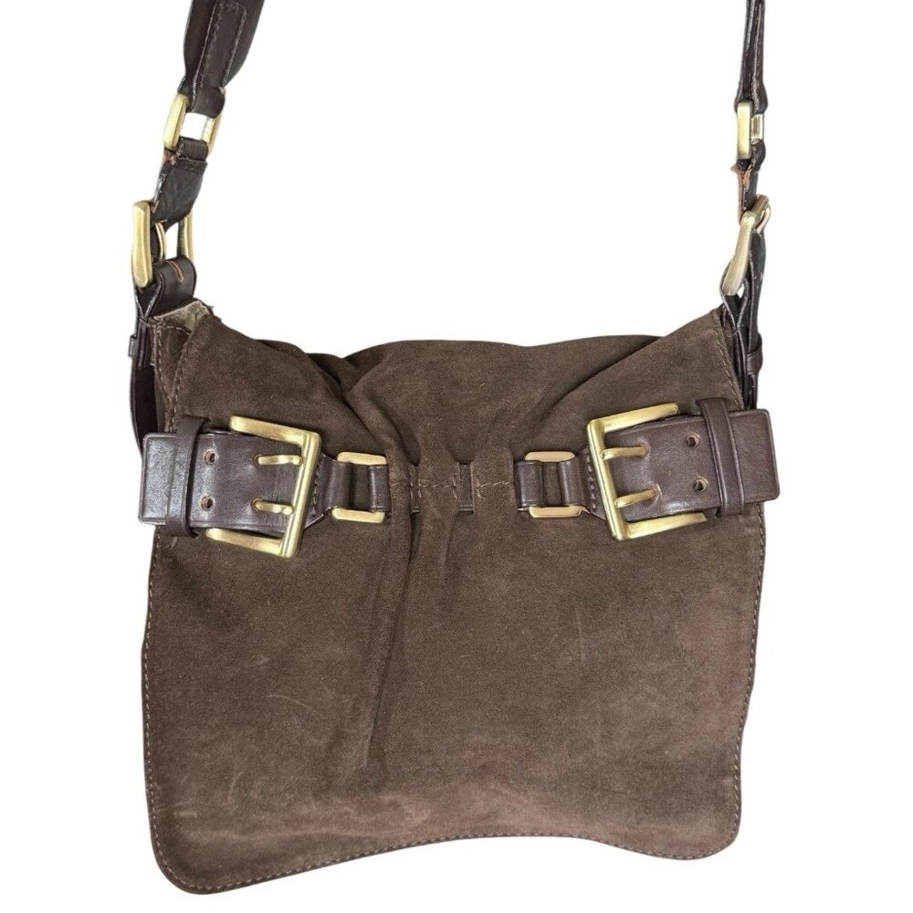 Vintage DKNY Brown Suede Brass Front Flap Adjustable Strap Shoulder Bag
